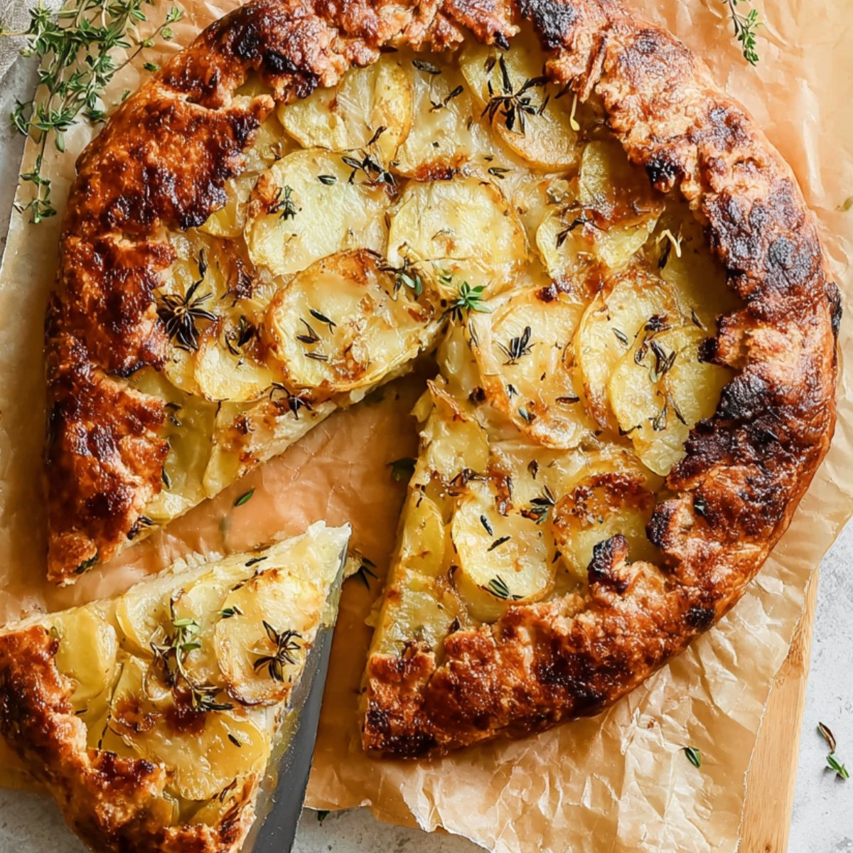 Baked potato galette on parchment paper, sliced with a knife, showing golden-brown crispy edges and layered potato filling.