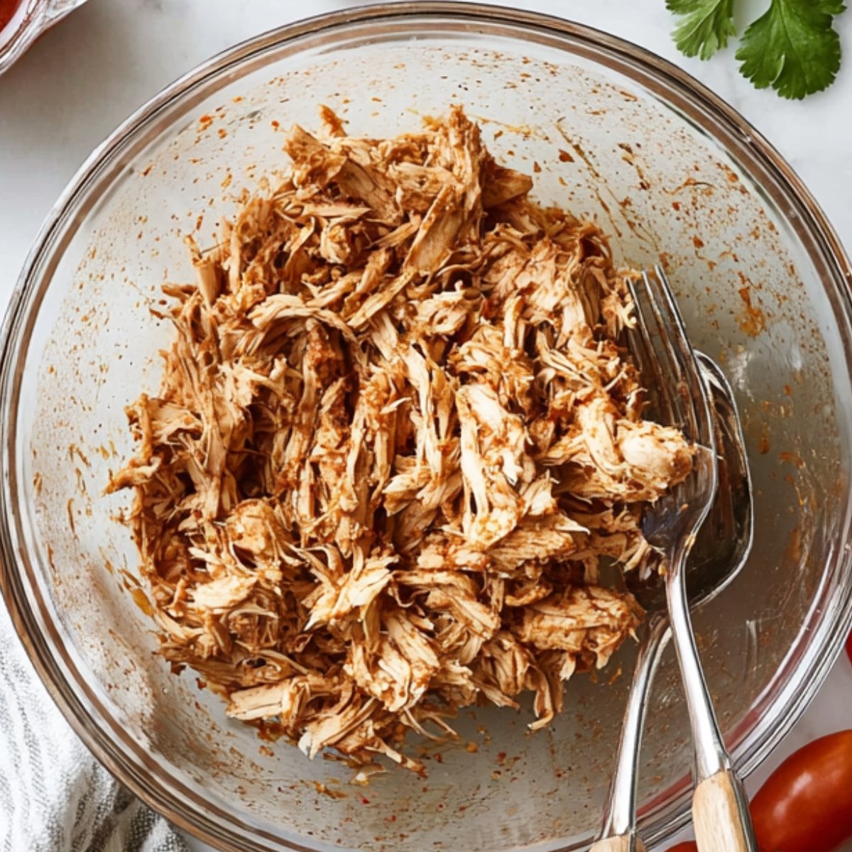 Glass mixing bowl with shredded seasoned chicken being mixed with two forks, a small measuring cup of red sauce nearby, fresh cherry tomatoes and cilantro on a marble countertop with a striped kitchen towel.