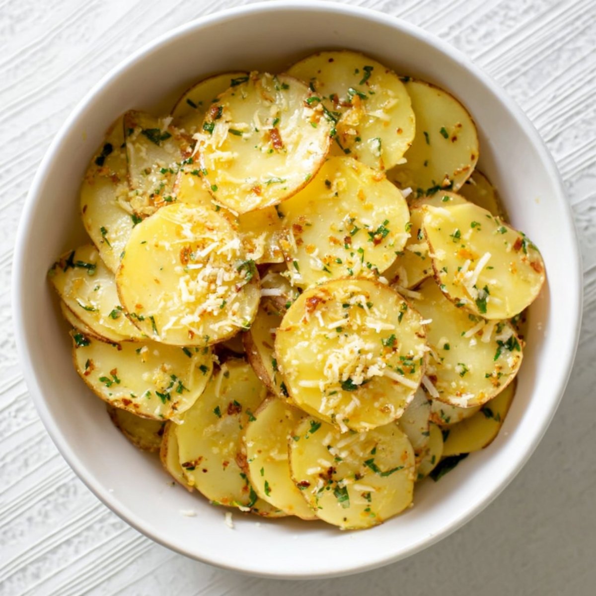 Overhead view of a white bowl filled with thinly sliced, cooked potatoes seasoned with herbs and grated cheese.