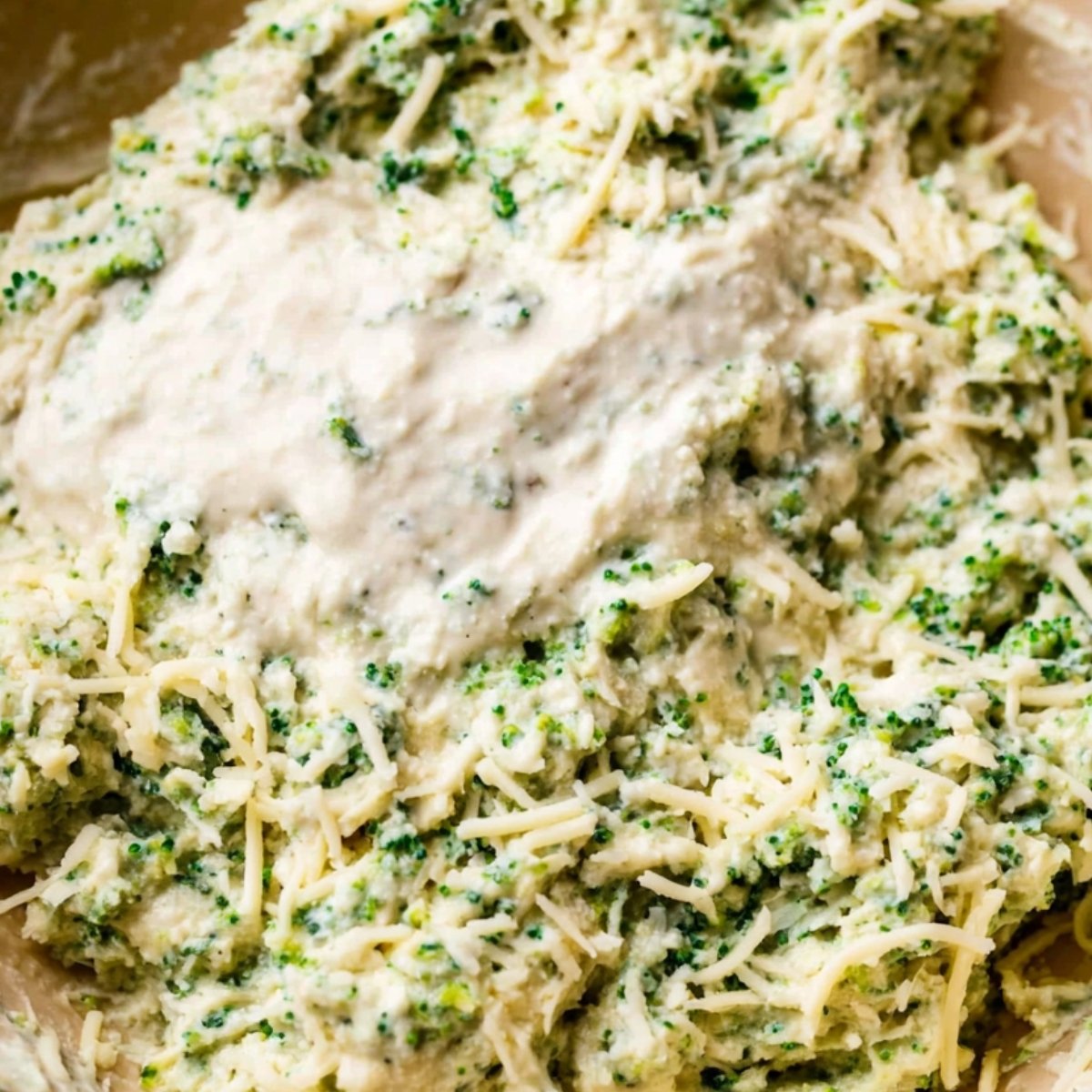 Close-up of a creamy broccoli mixture topped with shredded cheese, showing a thick, textured consistency in a bowl.