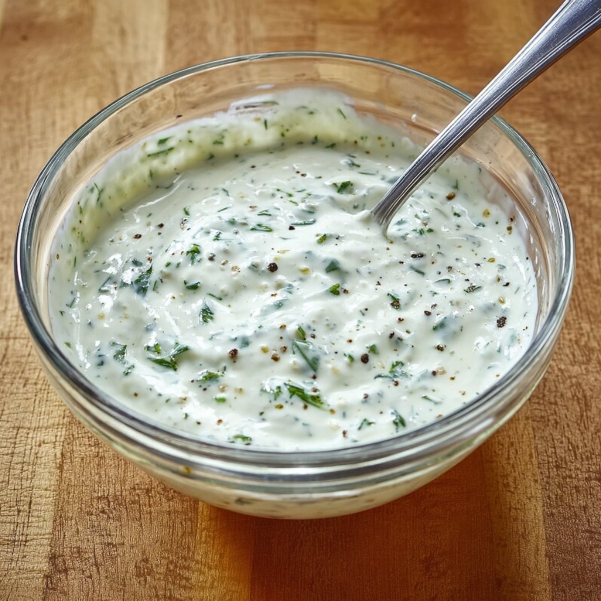 Clear glass bowl filled with creamy herb marinade, speckled with chopped parsley and black pepper, with a stainless steel spoon resting inside on a wooden countertop.