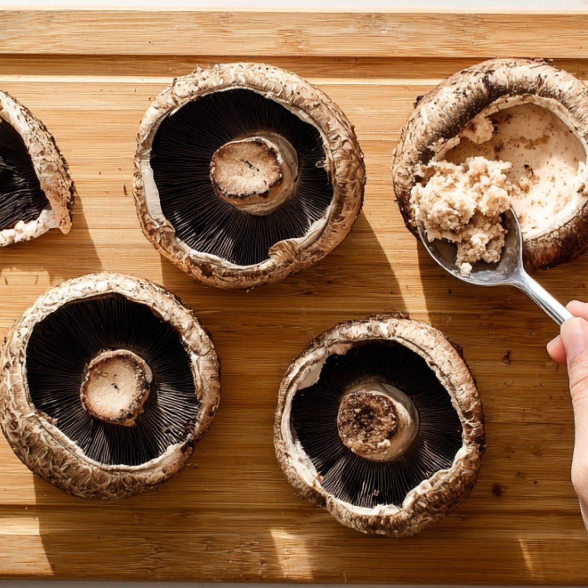 Portobello mushroom caps on a wooden cutting board, with one being filled with a creamy mixture using a spoon.