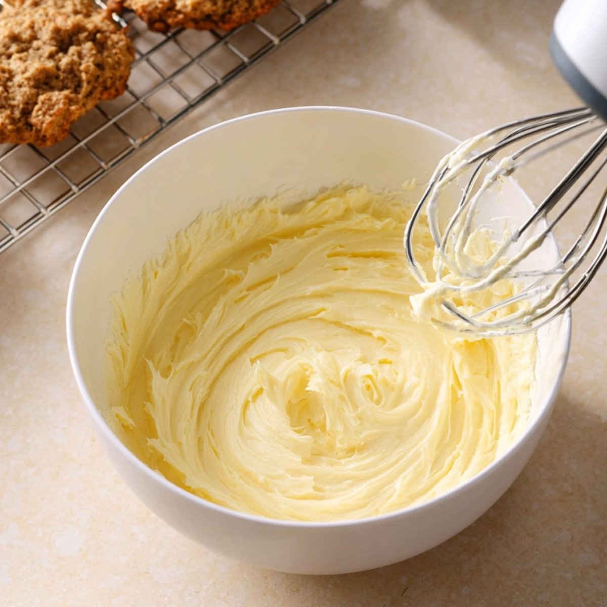 Close-up of a white mixing bowl filled with creamy, pale yellow buttercream being whipped with an electric hand mixer, ready to be used as filling for cookies. A cooling rack with baked oatmeal cookies is visible in the background.
