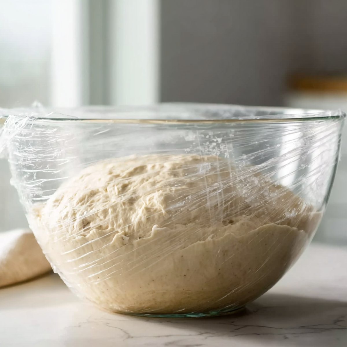 A clear glass bowl containing risen pizza dough covered with plastic wrap, sitting on a marble countertop. The dough has expanded and appears soft and airy, ready for shaping and baking.