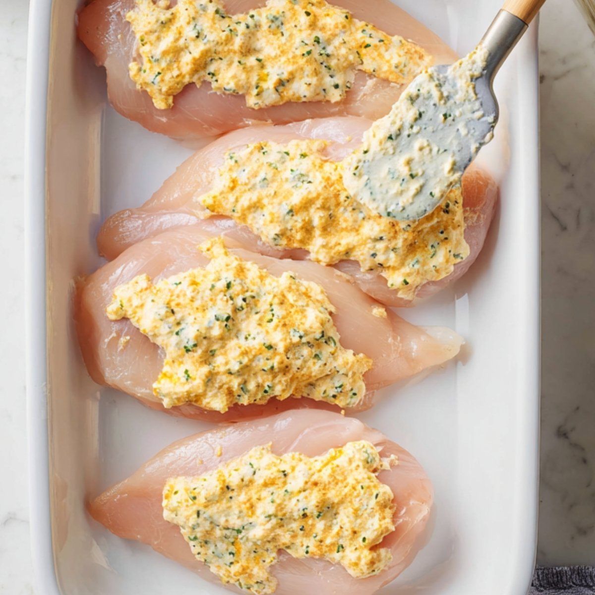 Raw chicken breasts in a white baking dish being spread with a creamy, cheesy ranch topping using a spatula, overhead view showing a prep step for baked chicken.