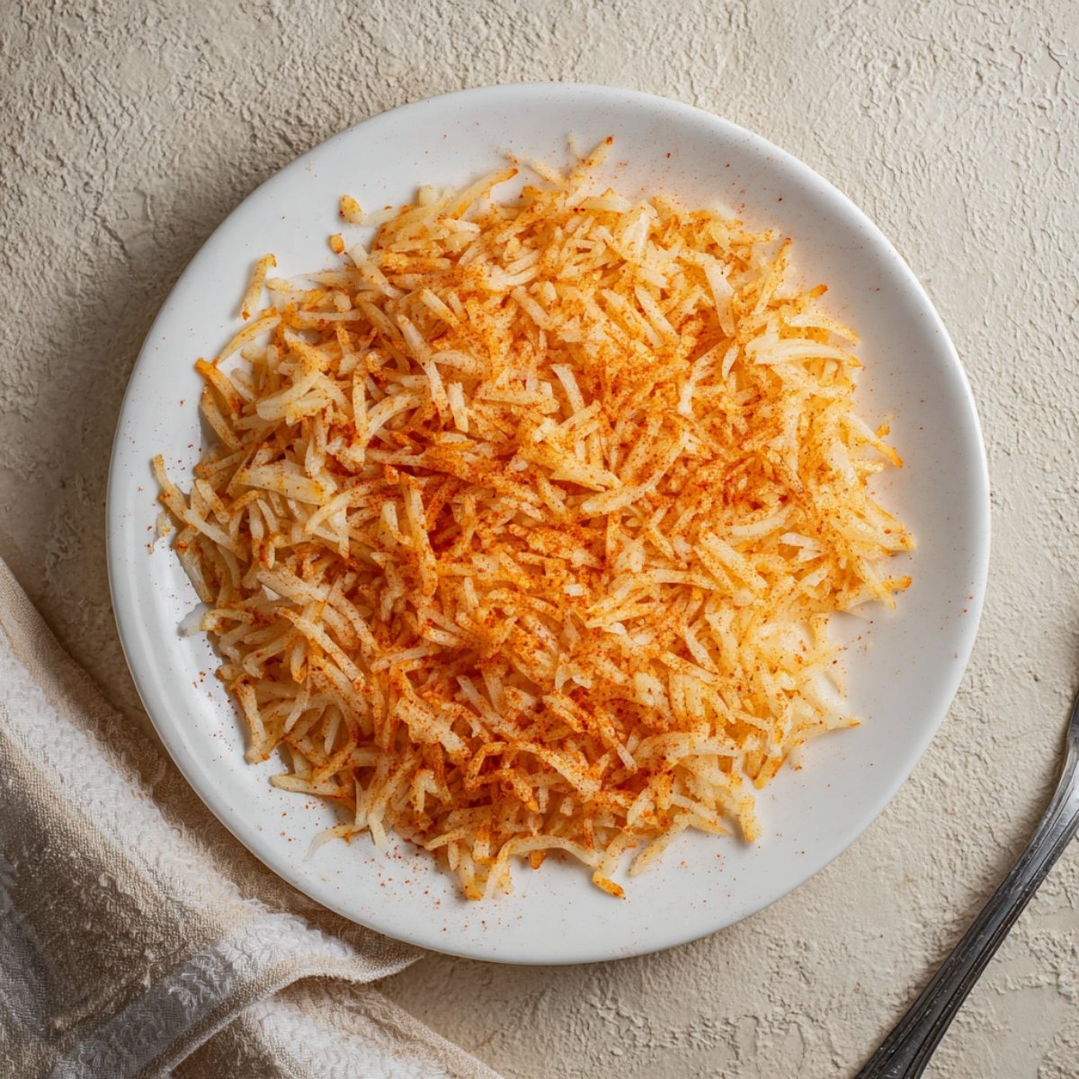 White plate filled with shredded hash brown potatoes sprinkled with paprika or seasoning, placed on a textured surface with a spoon and cloth nearby.