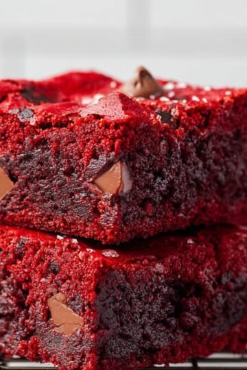 Close-up of two stacked red velvet brownies with chocolate chunks, showing a moist, fudgy interior and rich red color, resting on a cooling rack with a blurred white background.