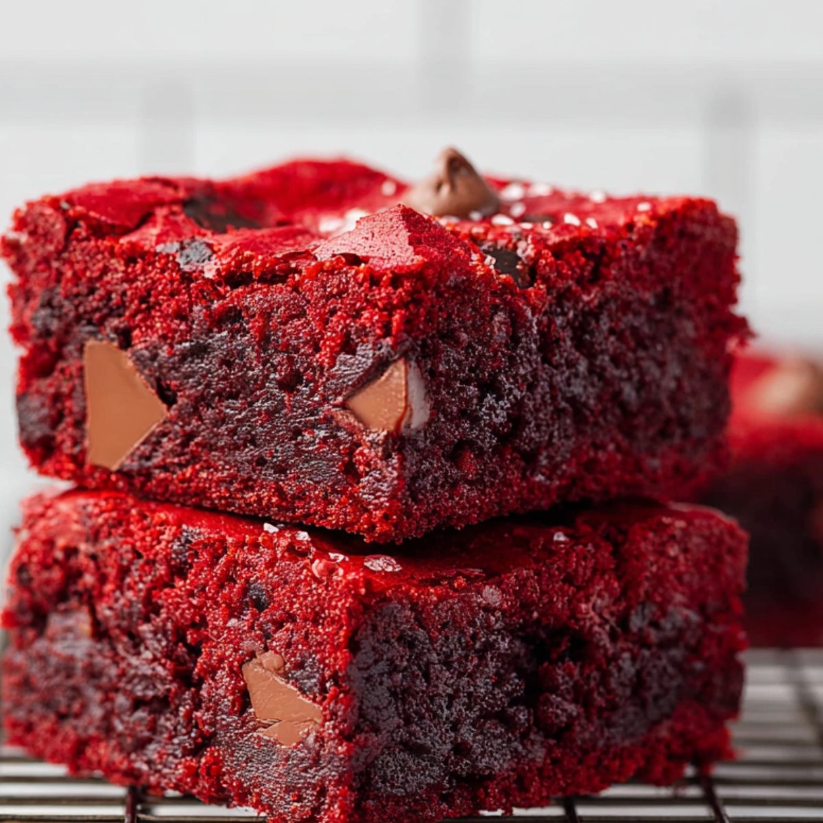 Close-up of two stacked red velvet brownies with chocolate chunks, showing a moist, fudgy interior and rich red color, resting on a cooling rack with a blurred white background.