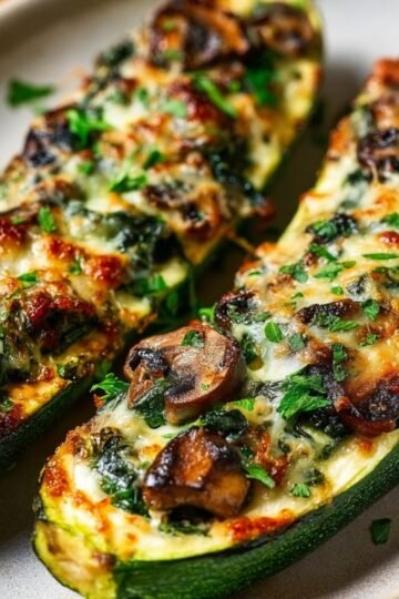 Close-up of baked Ricotta Stuffed Zucchinihalves stuffed with sautéed spinach, sliced mushrooms, and melted cheese, sprinkled with fresh herbs, golden-brown and bubbly, served on a neutral-colored plate, bright natural lighting, high-resolution, gourmet presentation, appetizing and fresh.