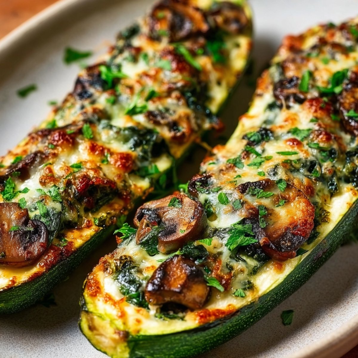 Close-up of baked Ricotta Stuffed Zucchinihalves stuffed with sautéed spinach, sliced mushrooms, and melted cheese, sprinkled with fresh herbs, golden-brown and bubbly, served on a neutral-colored plate, bright natural lighting, high-resolution, gourmet presentation, appetizing and fresh.