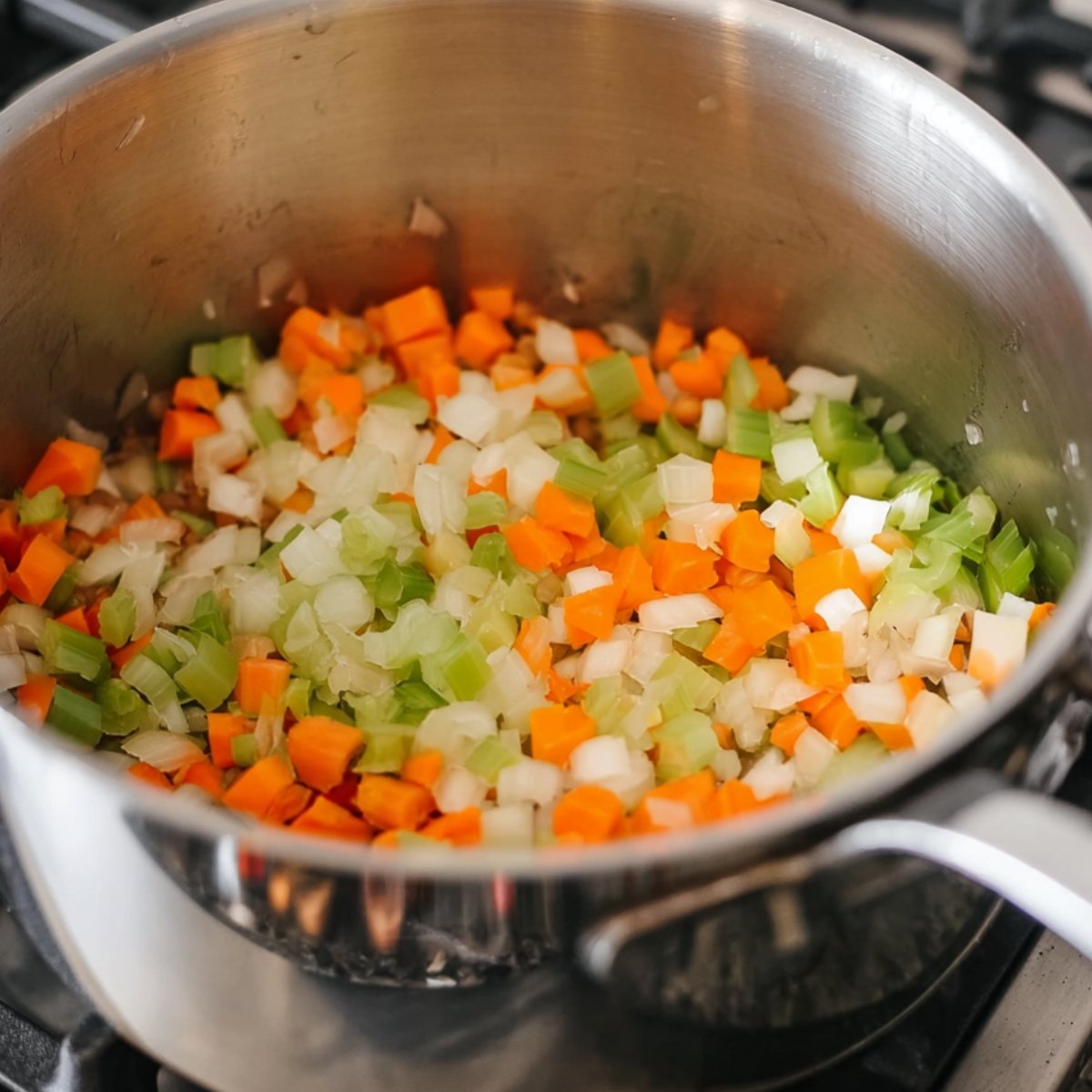 Close-up of a stainless steel pot on a stove with simmering Moroccan lentil soup, showing diced carrots, celery, lentils, and chopped spinach in a rich, spiced broth. Steam rising, vibrant and hearty soup, home kitchen setting.