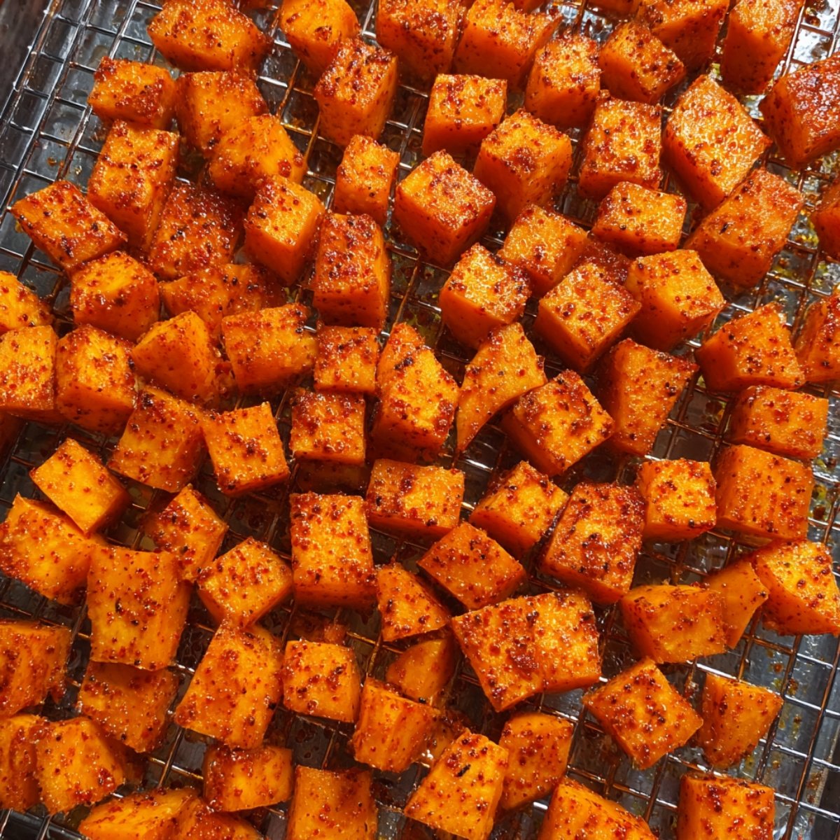Cubed sweet potatoes coated with a reddish-orange seasoning, spread out evenly on a wire rack, ready for roasting. The cubes are vibrant and glistening with oil and spices.
