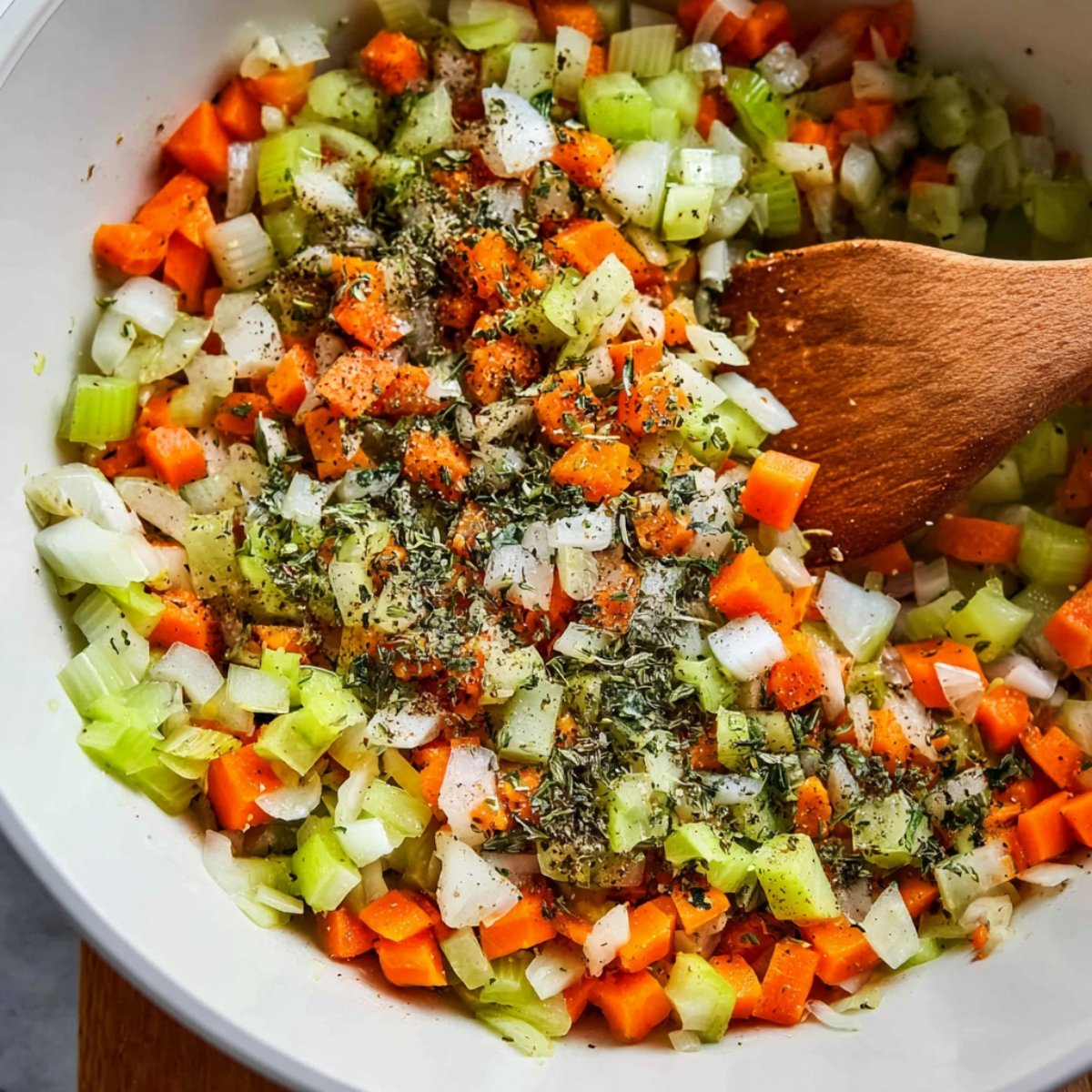 Top-down view of diced vegetables including carrots, celery, and onions in a white bowl, sprinkled with black pepper and dried herbs, with a wooden spatula ready for stirring.