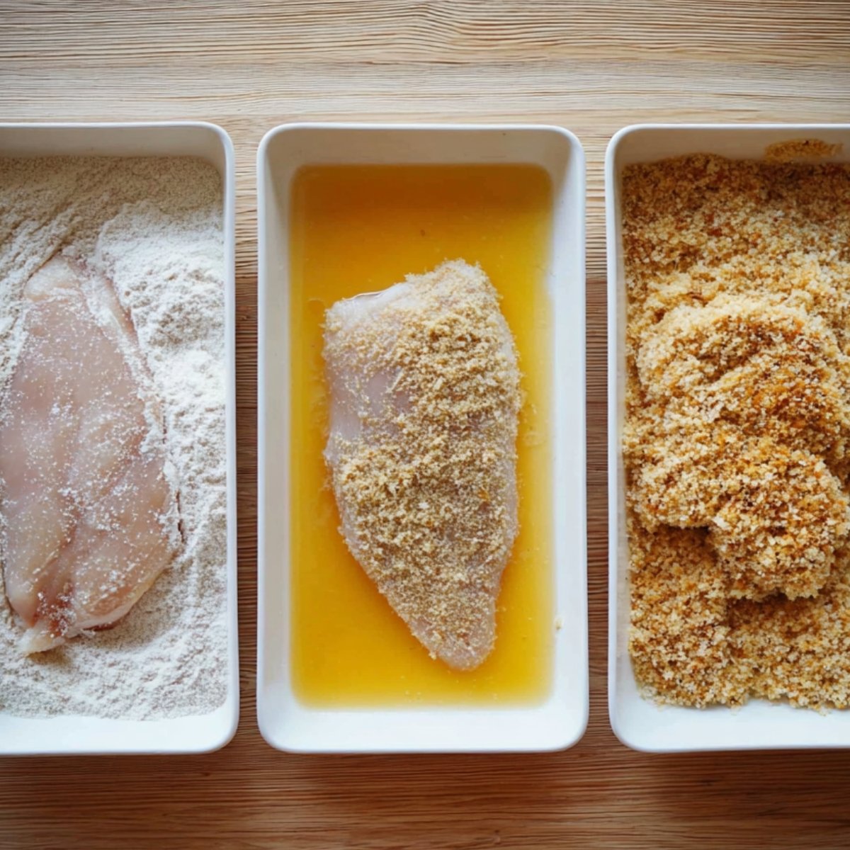 Three rectangular dishes side by side showing the process of breading chicken breasts. The first dish contains raw chicken coated in flour, the second has chicken dipped in beaten eggs and partially coated in breadcrumbs, and the third dish is filled with fully breaded chicken ready for cooking, all arranged on a wooden surface.