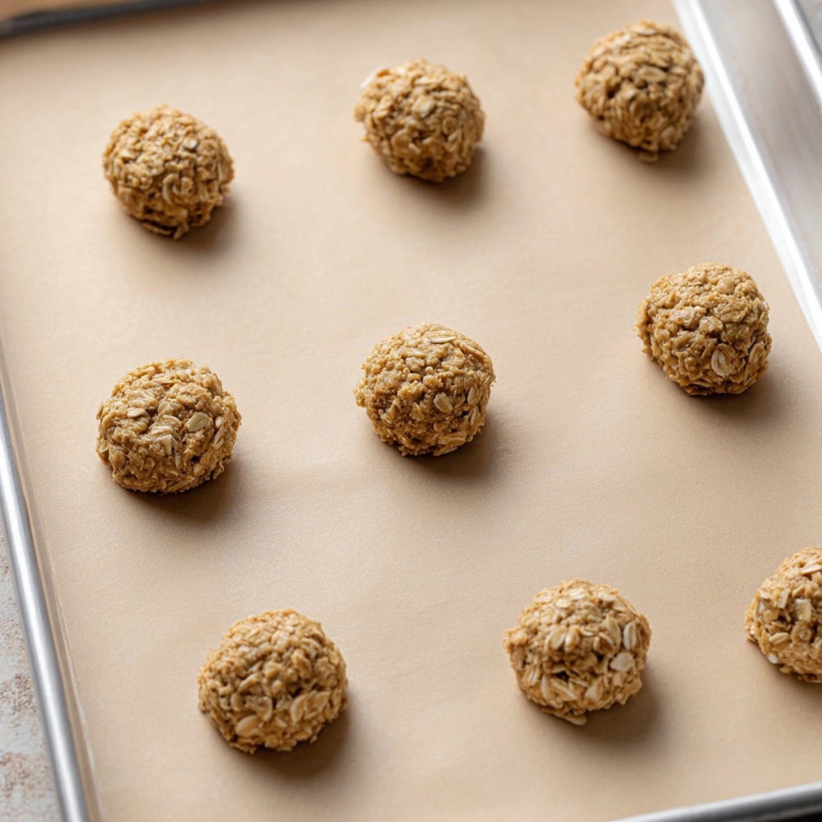 Top-down view of unbaked oatmeal cookie dough scoops arranged on a parchment-lined baking sheet, ready to go into the oven. The dough is textured with oats, giving a rustic, homemade appearance.