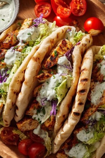 Top-down view of four grilled Sheet Pan Chicken Pitas arranged on a wooden plate, filled with seasoned chicken strips, shredded lettuce, purple cabbage, and drizzled with creamy herby ranch sauce. Halved cherry tomatoes and a small bowl of ranch dressing are placed next to the pitas, highlighting a fresh and colorful meal.