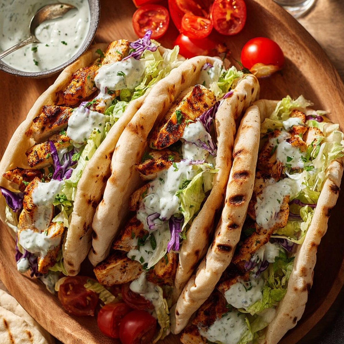 Top-down view of four grilled Sheet Pan Chicken Pitas arranged on a wooden plate, filled with seasoned chicken strips, shredded lettuce, purple cabbage, and drizzled with creamy herby ranch sauce. Halved cherry tomatoes and a small bowl of ranch dressing are placed next to the pitas, highlighting a fresh and colorful meal.