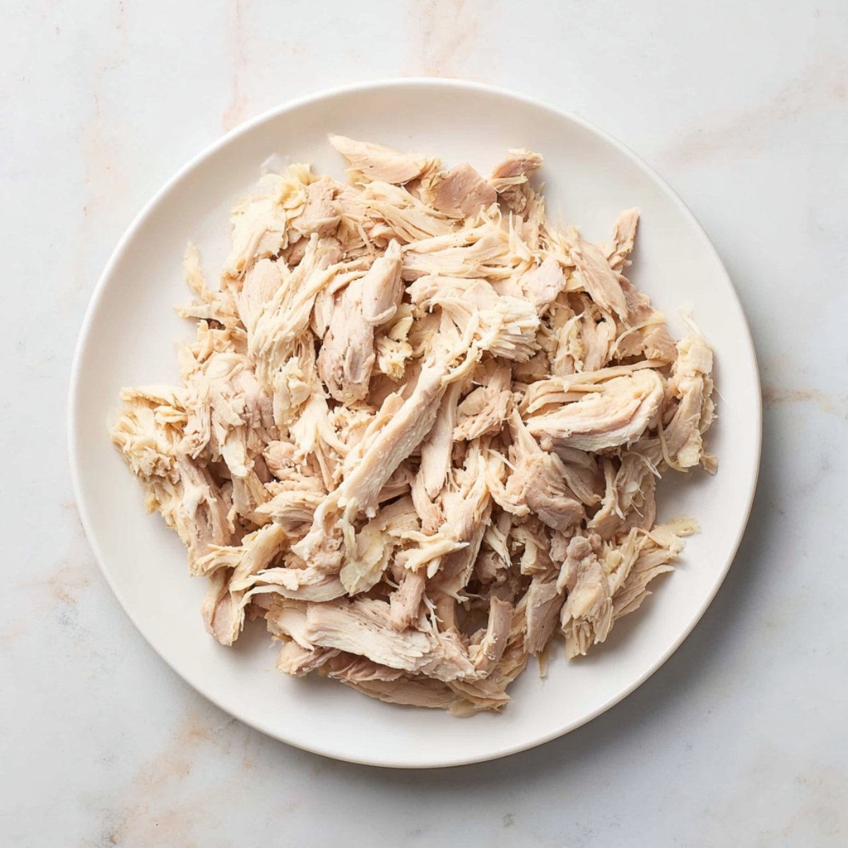 A white plate filled with shredded cooked chicken, ready to be added to the soup.