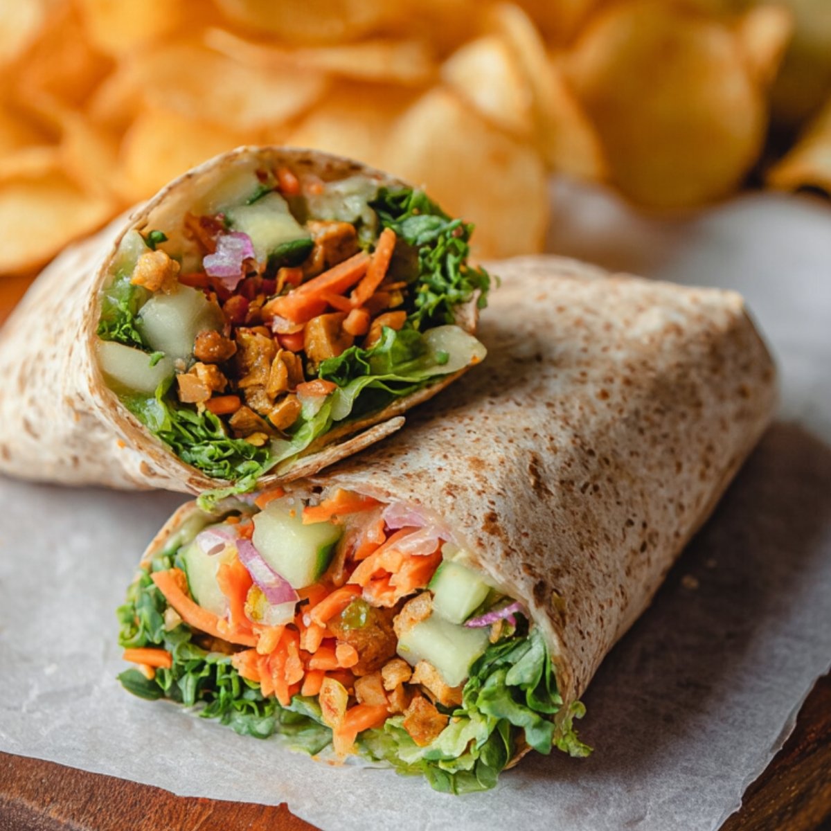 Whole-wheat vegetable wrap cut in half, filled with lettuce, cucumber, shredded carrots, diced onions, and seasoned protein, served on parchment paper with potato chips in the background.