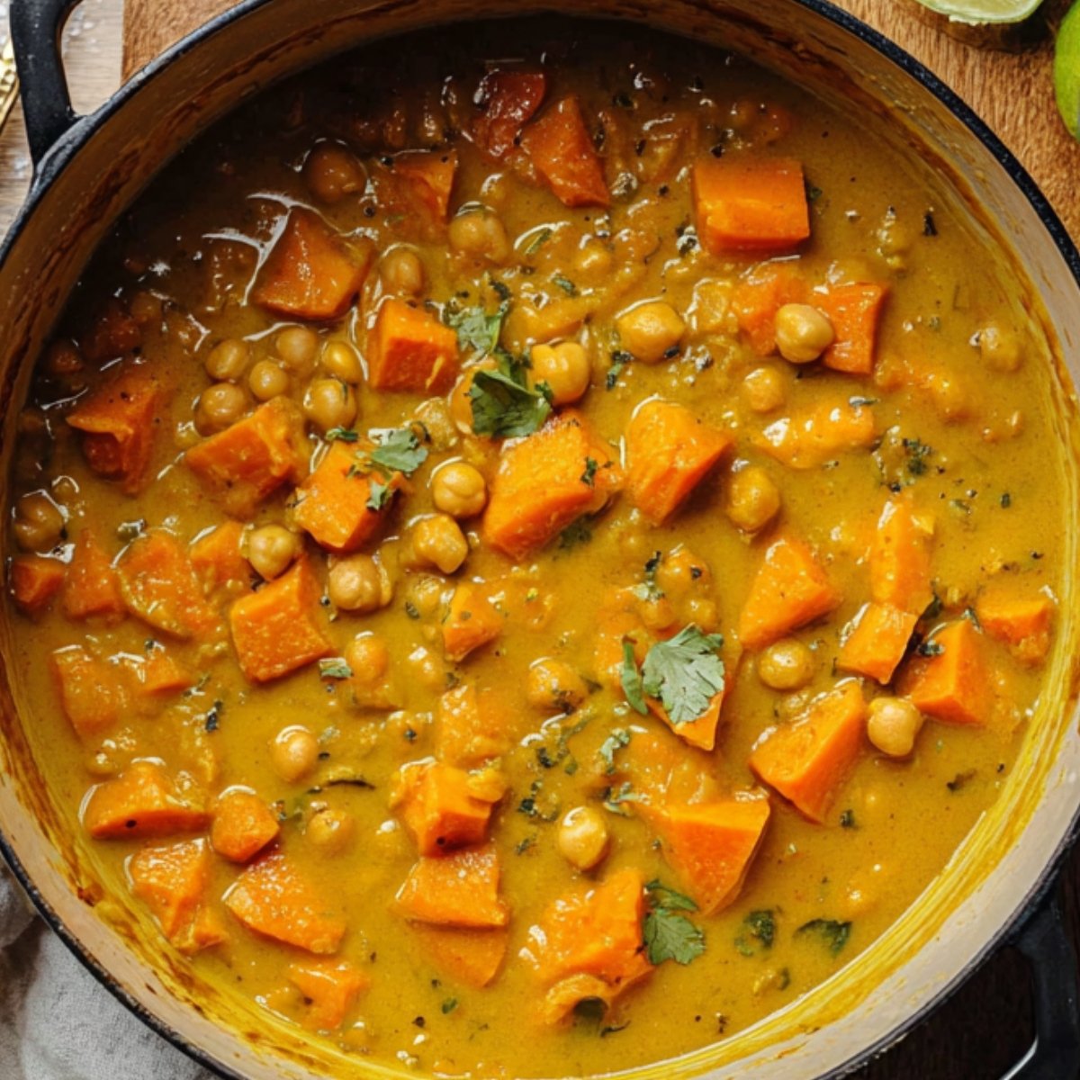 A black pot on a stovetop filled with simmering sweet potato and chickpea curry, vibrant orange chunks of sweet potato and chickpeas visible in a rich, spiced sauce.