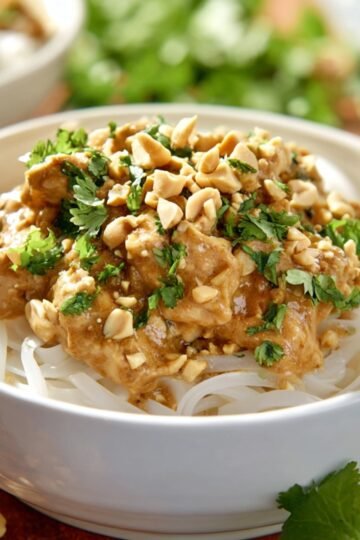 Close-up of a white bowl filled with Slow Cooker Thai Peanut Chicken topped with slow-cooked Thai peanut chicken. The chicken is coated in creamy peanut sauce and garnished with chopped peanuts and fresh cilantro. The bowl sits on a wooden surface with scattered peanuts and cilantro, bright natural lighting, high-resolution food photography, appetizing and vibrant presentation.