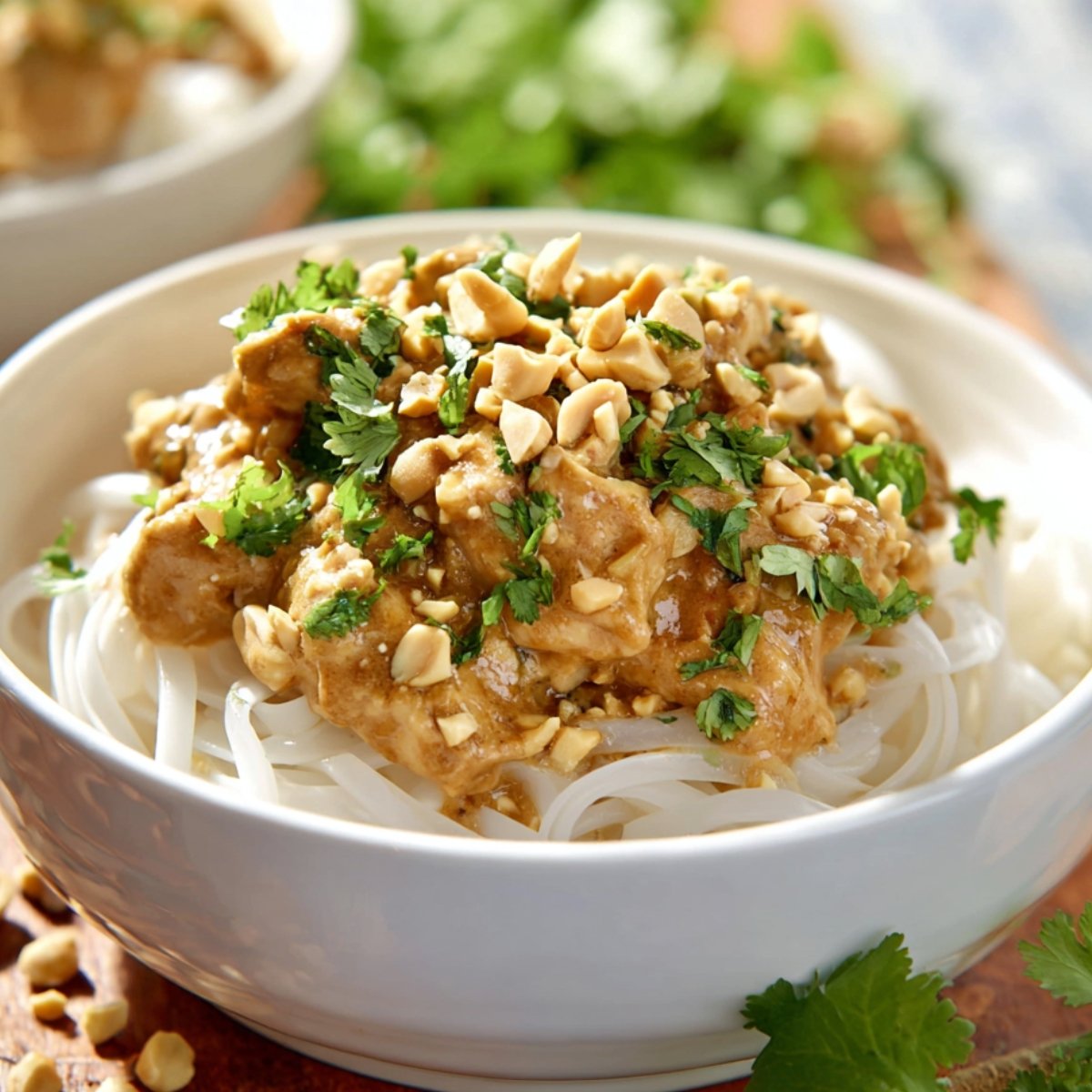 Close-up of a white bowl filled with Slow Cooker Thai Peanut Chicken topped with slow-cooked Thai peanut chicken. The chicken is coated in creamy peanut sauce and garnished with chopped peanuts and fresh cilantro. The bowl sits on a wooden surface with scattered peanuts and cilantro, bright natural lighting, high-resolution food photography, appetizing and vibrant presentation.