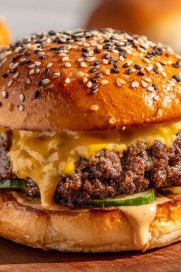 Close-up of a finished Smash Burger Recipe on a wooden surface, with a sesame seed bun, melted cheddar cheese, pickles, and special sauce dripping from the beef patty, looking juicy and appetizing.