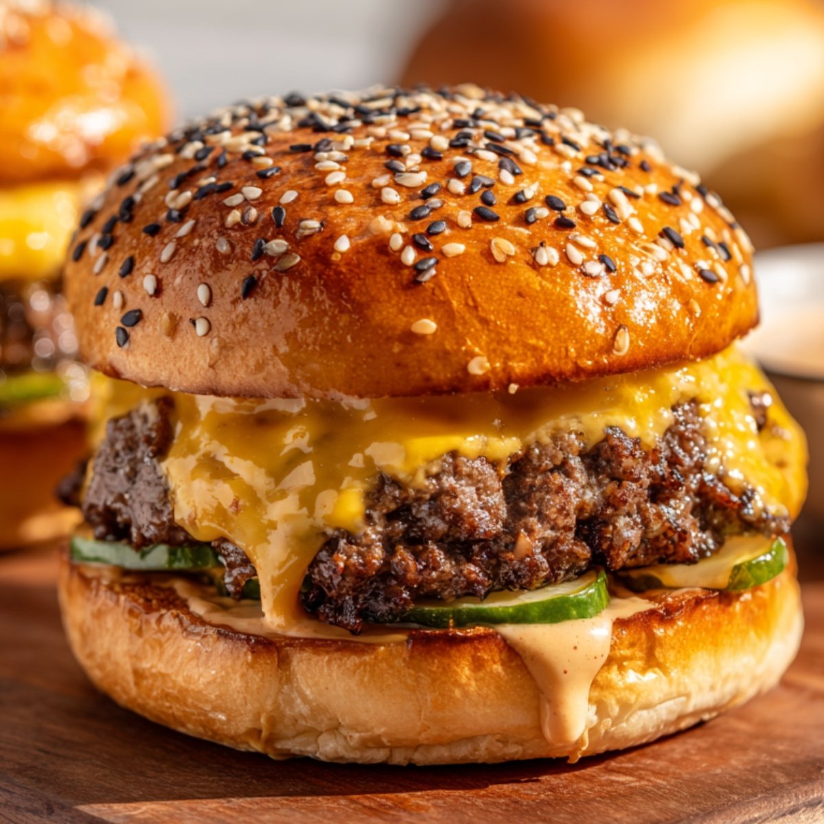 Close-up of a finished Smash Burger Recipe on a wooden surface, with a sesame seed bun, melted cheddar cheese, pickles, and special sauce dripping from the beef patty, looking juicy and appetizing.