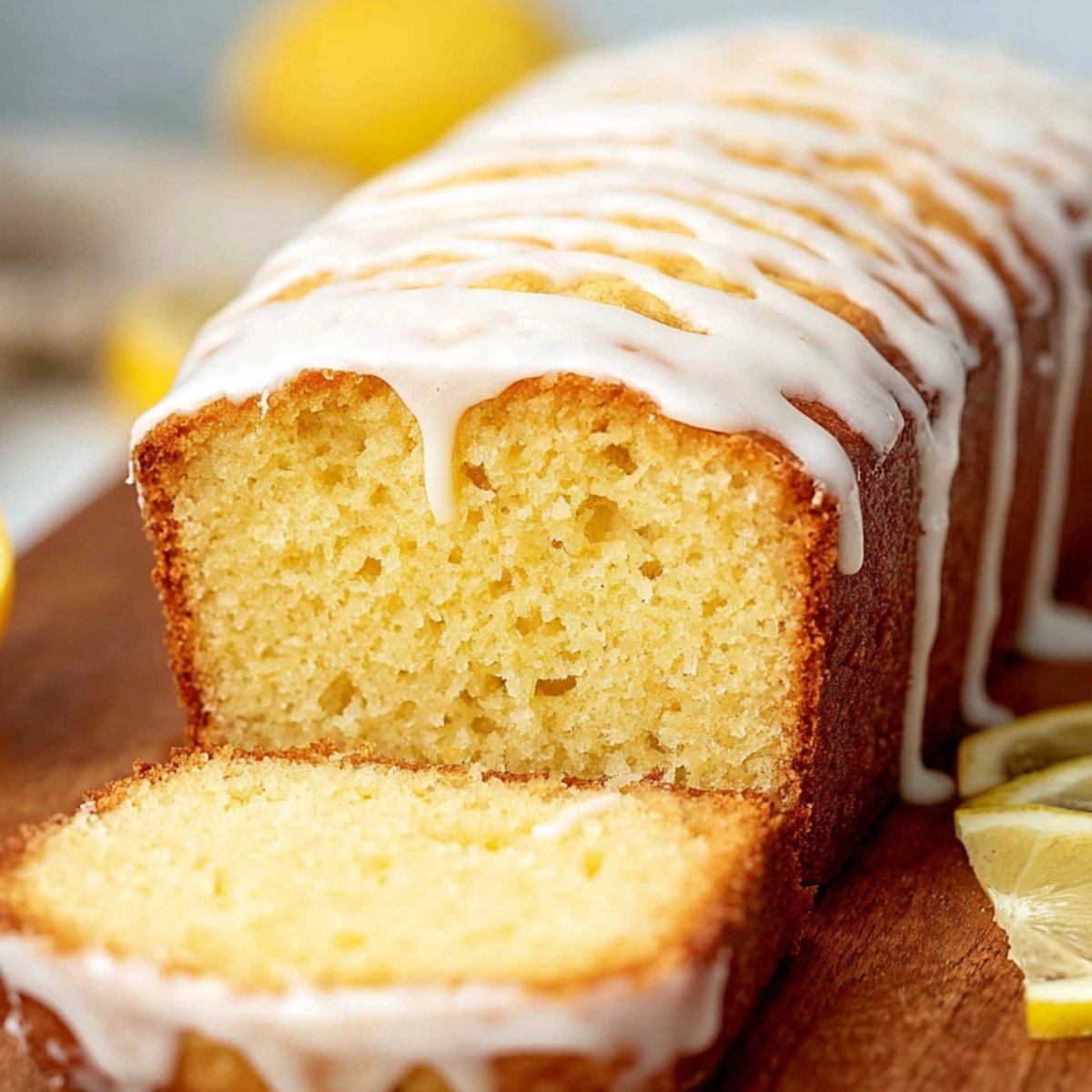 Close-up of a sliced Starbucks Copycat Lemon Loaf on a wooden board, topped with white glaze drizzled over the golden cake. The cake has a moist, soft yellow crumb, with fresh lemon slices placed nearby.