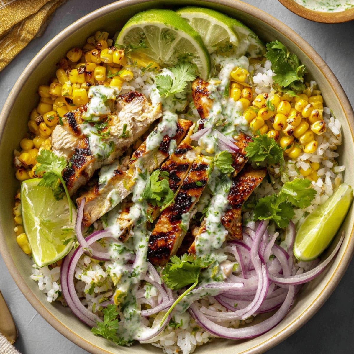 Top-down view of a completed street corn chicken bowl with grilled chicken slices, charred corn, white rice, sliced red onions, fresh cilantro, lime wedges, and creamy herb sauce drizzled on top, presented in a beige bowl on a gray surface.