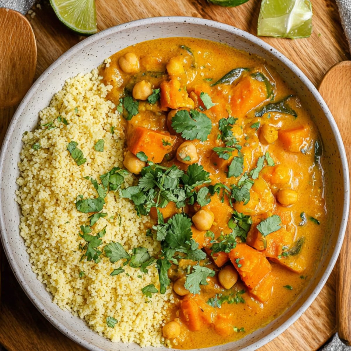 A top-down view of a bowl filled with Sweet Potato and Chickpea Curry curry served alongside fluffy couscous, garnished with fresh cilantro and lime wedges, placed on a wooden board with a cloth napkin.