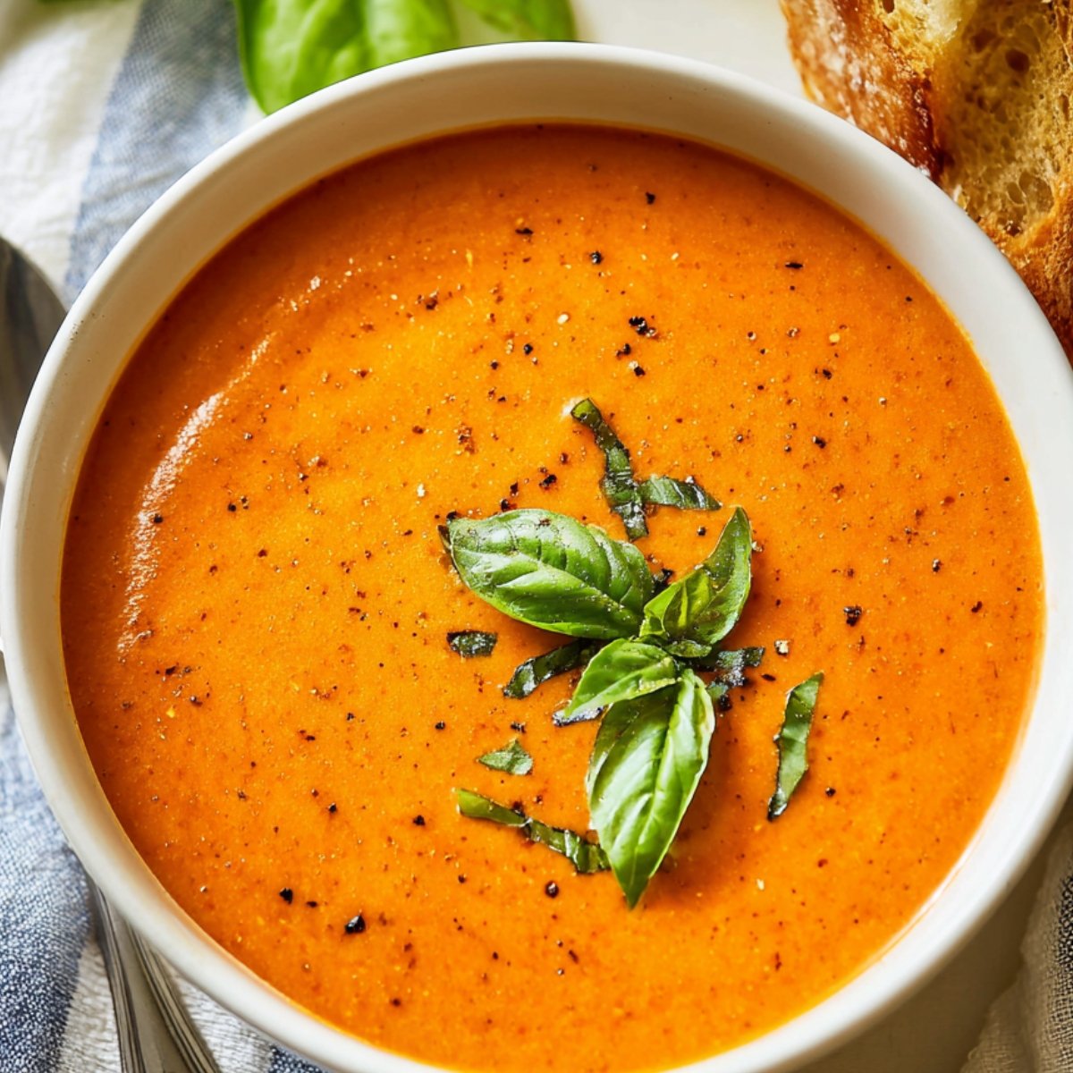 Creamy tomato bisque soup in a white bowl, garnished with fresh basil leaves, placed on a striped cloth with a piece of crusty bread partially visible beside it.