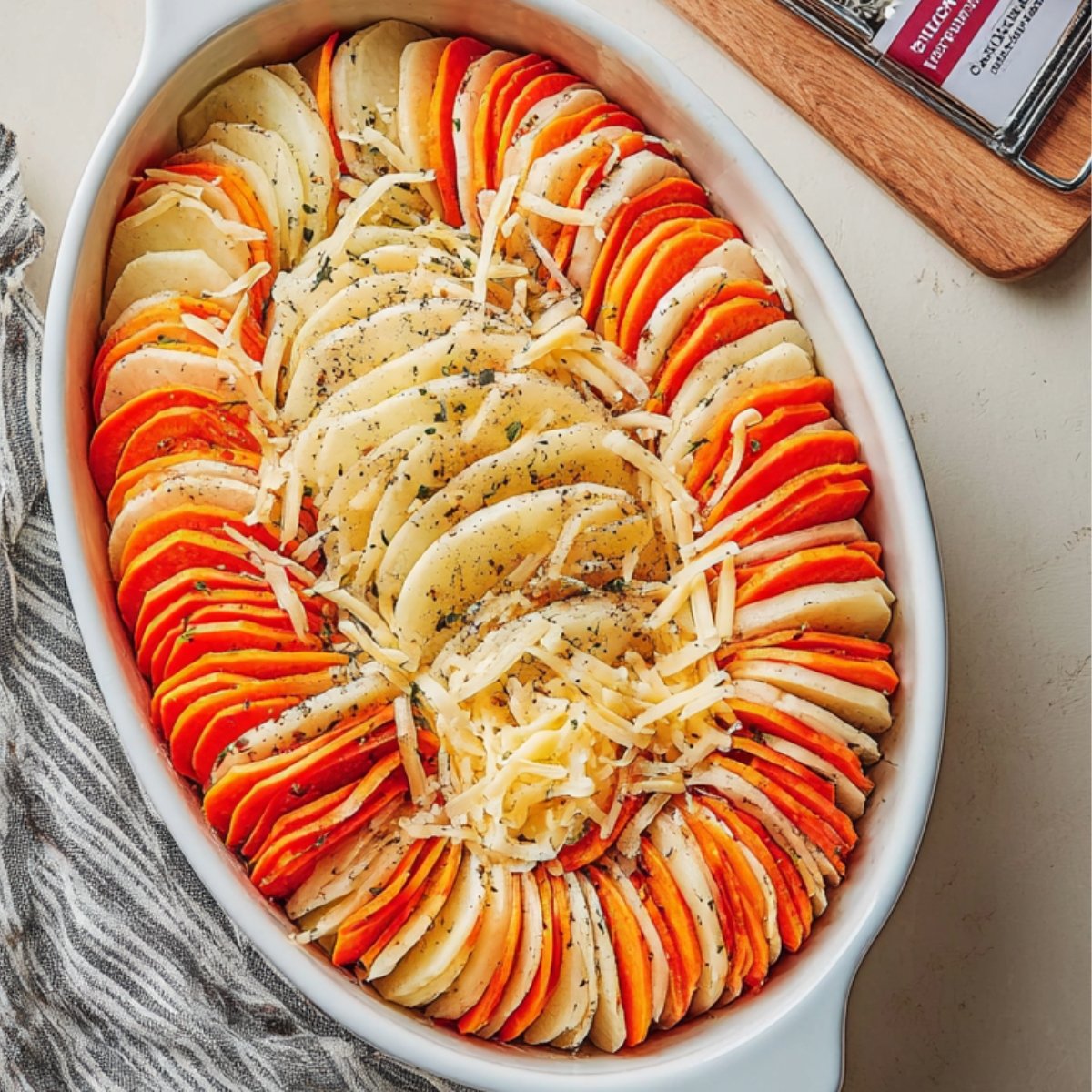 Thinly sliced root vegetables, including sweet potatoes and white potatoes, arranged in overlapping layers in an oval baking dish, sprinkled with shredded cheese and herbs