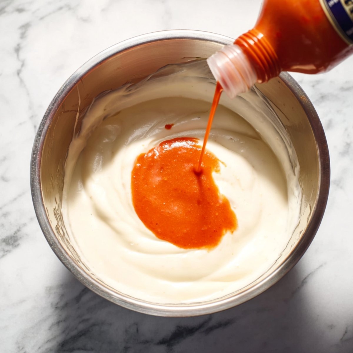 A mixing bowl containing shredded cheeses and cream being combined for a creamy dip
