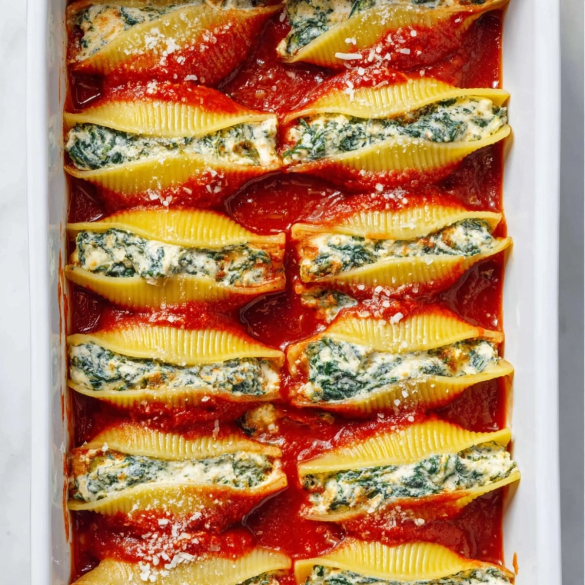 Ricotta and spinach stuffed pasta shells arranged in a white baking dish, topped with red marinara sauce and sprinkled with grated cheese