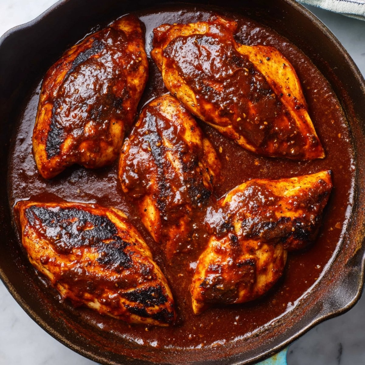 Chicken breasts in a cast iron skillet coated with a thick, dark barbecue sauce
