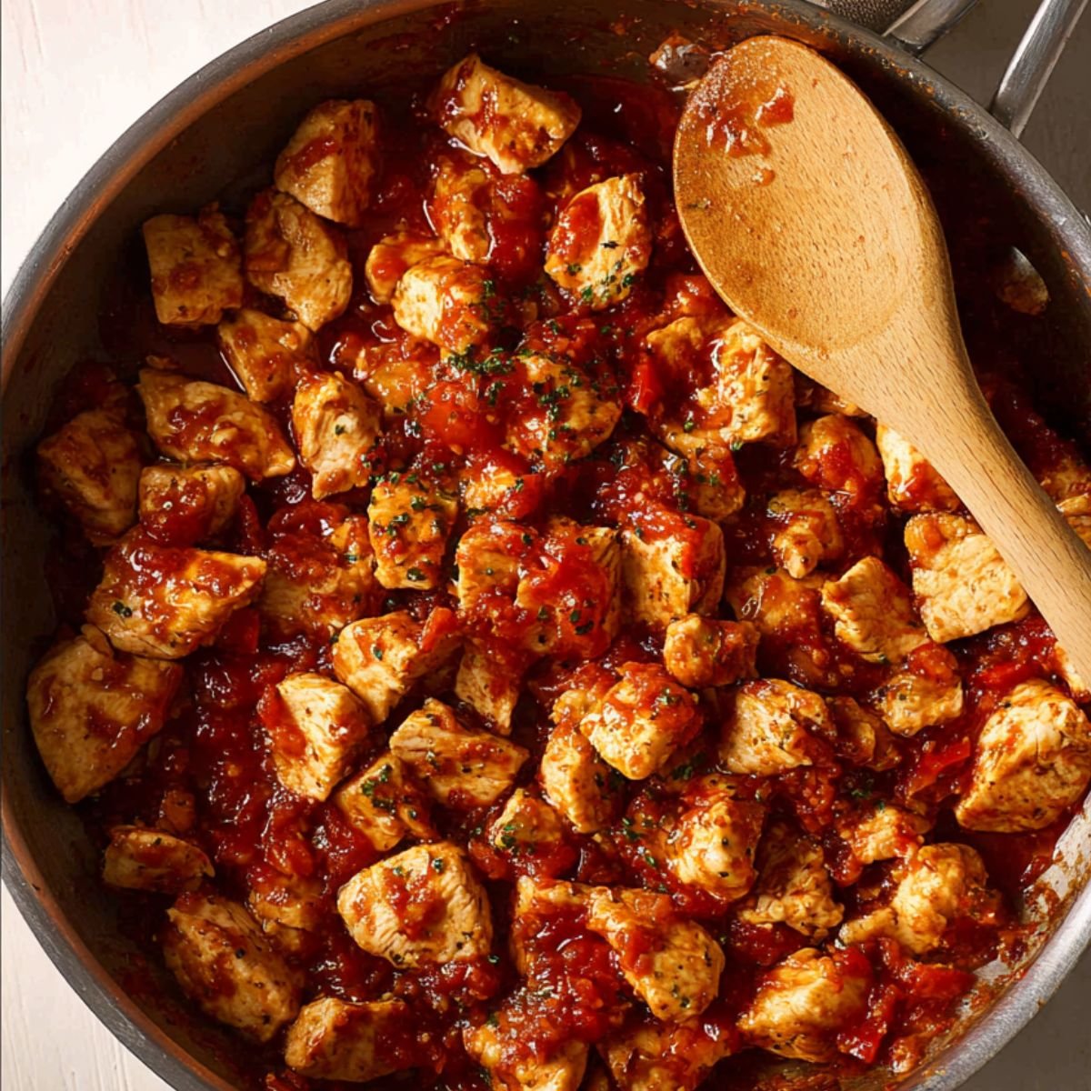 A close-up of a skillet containing chunks of chicken simmering in a rich red tomato-based sauce, seasoned with herbs, and a wooden spoon resting on the edge.