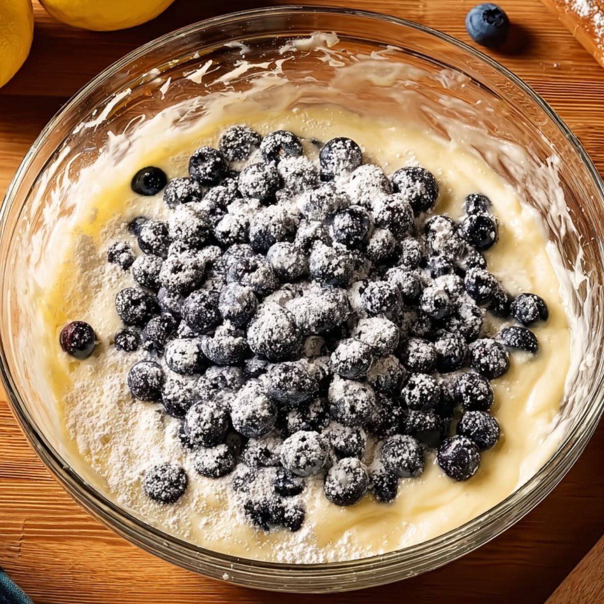 Glass bowl with cake batter mixed with fresh blueberries and dusted with powdered sugar