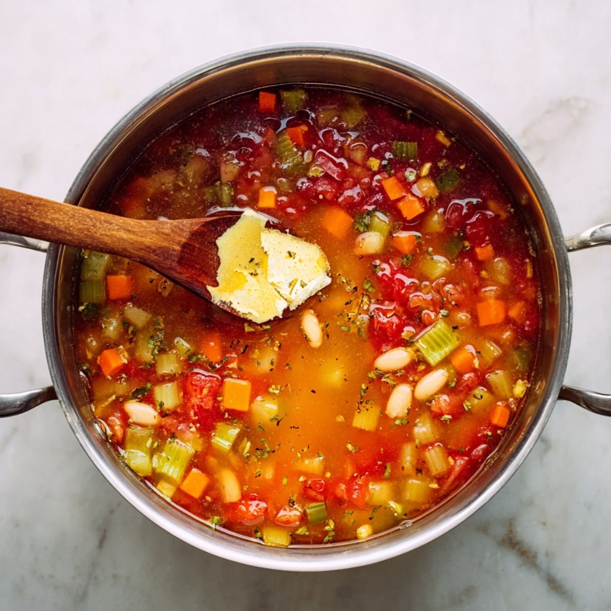 A pot of vegetable soup with diced carrots, celery, white beans, and tomatoes, with a wooden spoon holding a pat of butter being stirred in.