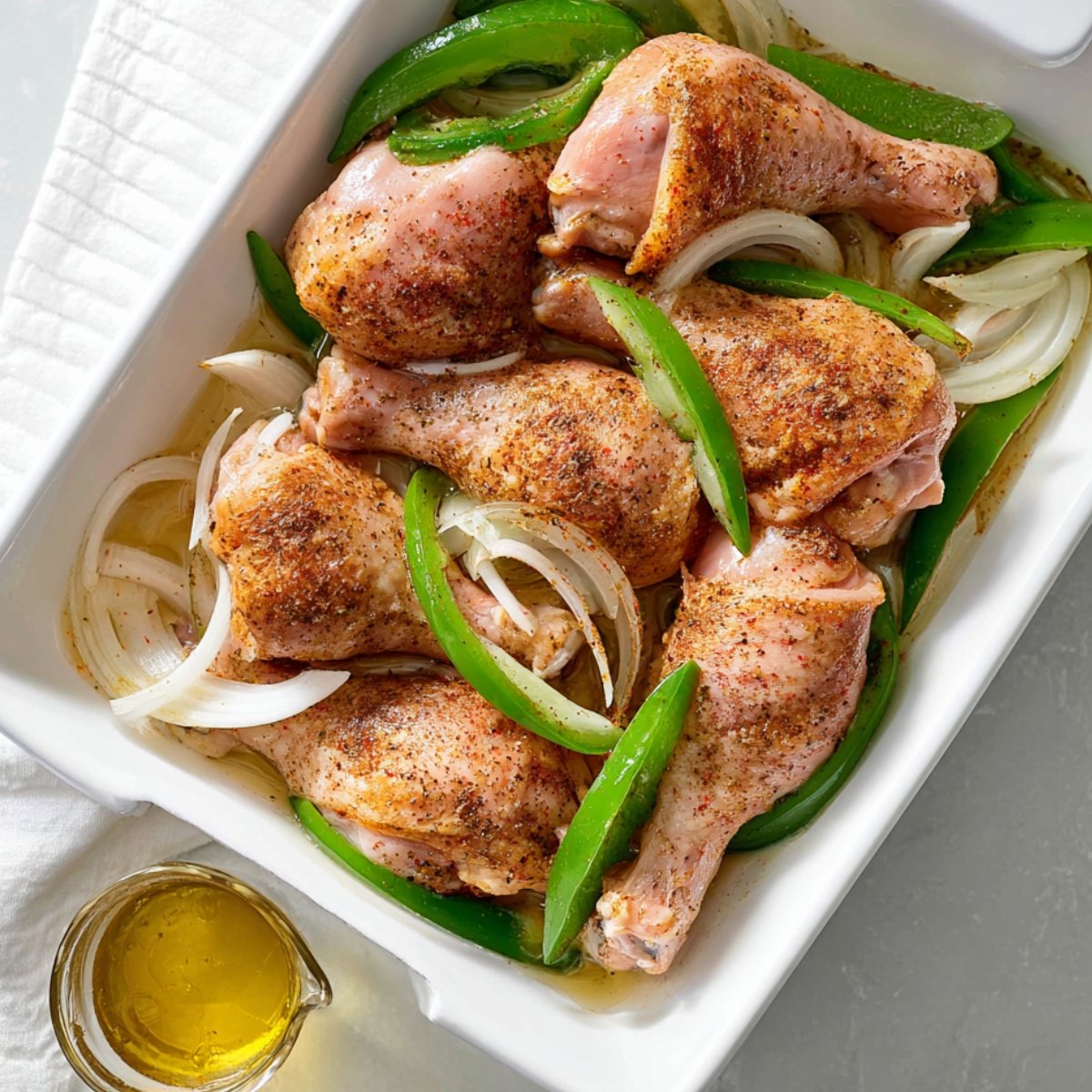 Raw chicken drumsticks in a baking dish, seasoned with spices and surrounded by sliced green bell peppers and onions, ready for roasting.