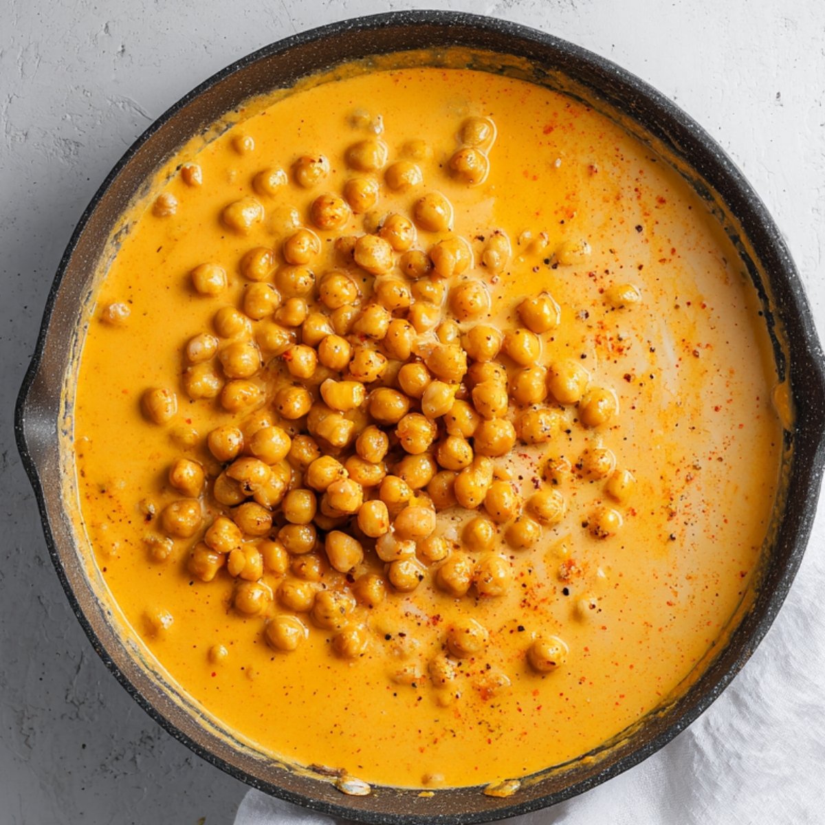 Cooked chickpeas added to a pot of creamy orange curry sauce, partially mixed
