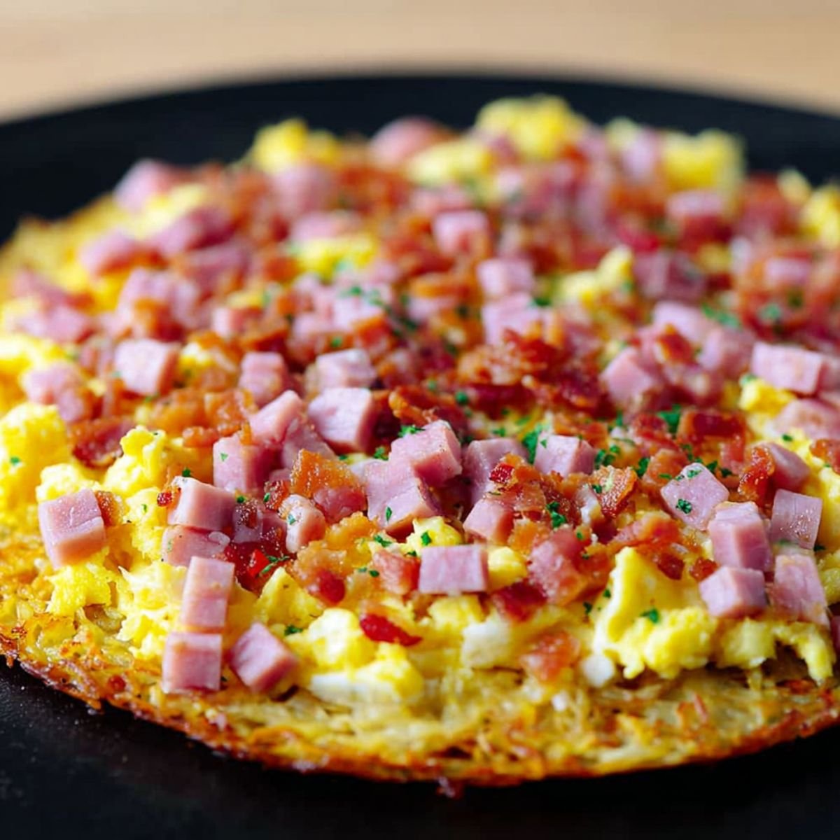 Top-down view of the same breakfast pizza with additional toppings including diced ham and crispy bacon bits spread evenly over the scrambled eggs and cheese on the hash brown crust.