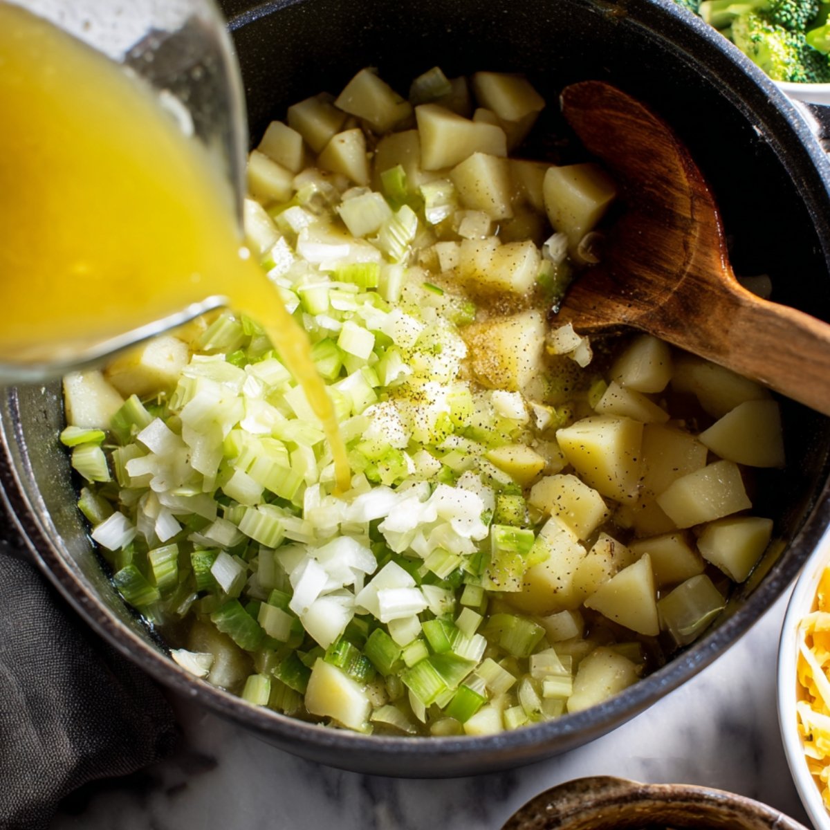 A black pot filled with cubed potatoes and chopped celery, with yellow broth being poured in and a wooden spoon resting on the side.