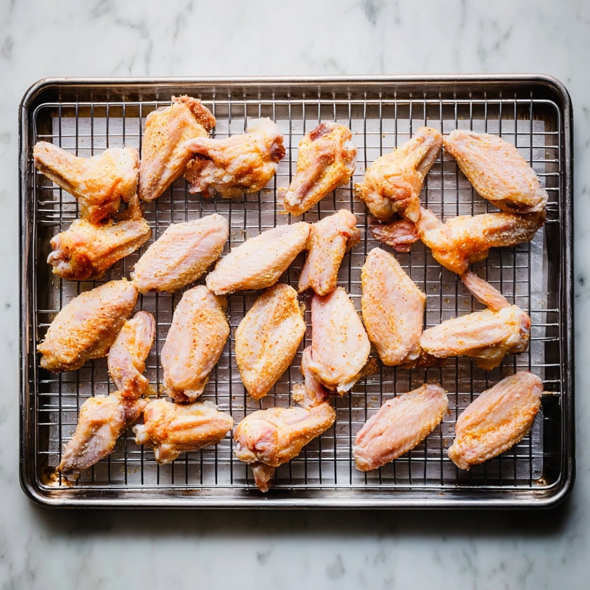 Raw chicken wings arranged in a single layer on a wire rack over a baking sheet ready to bake