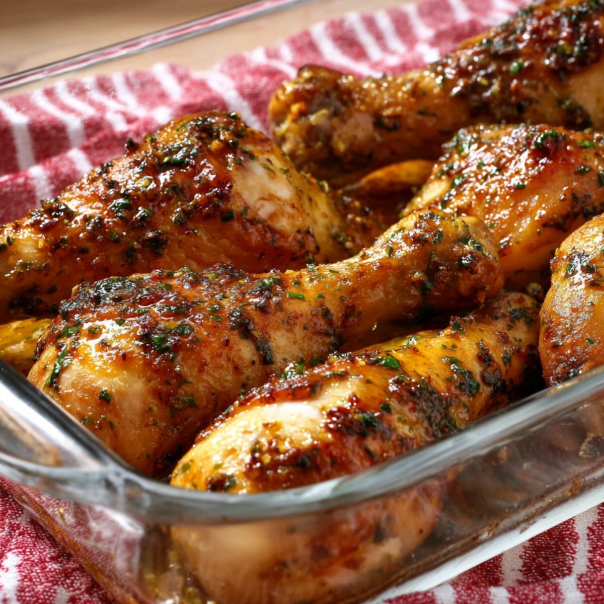Close-up of seasoned chicken drumsticks arranged in a glass baking dish, ready for roasting, on top of a red-and-white striped kitchen towel.