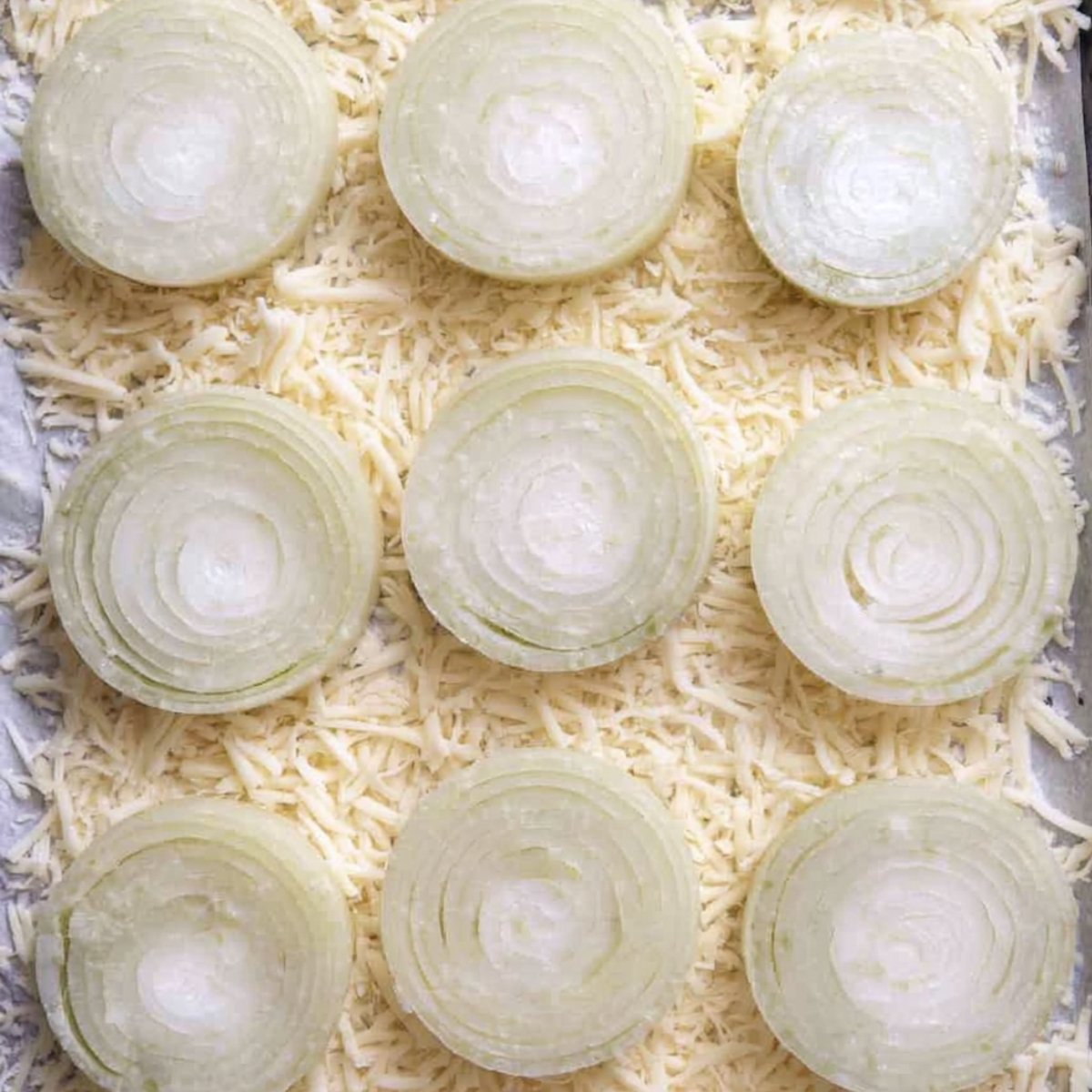 Nine raw onion slices neatly arranged on a bed of shredded cheese on a baking sheet, viewed from above