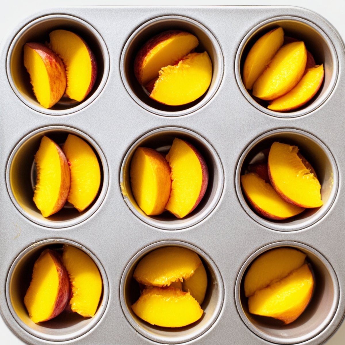 Sliced fresh peaches arranged in a 12-cup muffin tin, with two to three slices per cup, ready for baking