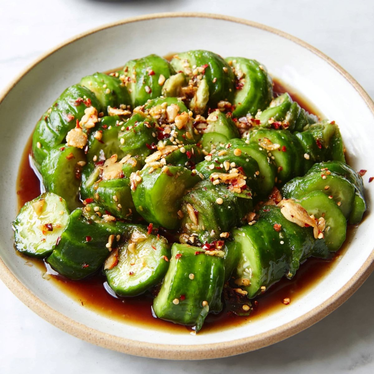 A plate of Asian-style cucumber salad with sliced cucumbers coated in a dark soy-based dressing, garnished with crushed peanuts and red pepper flakes.