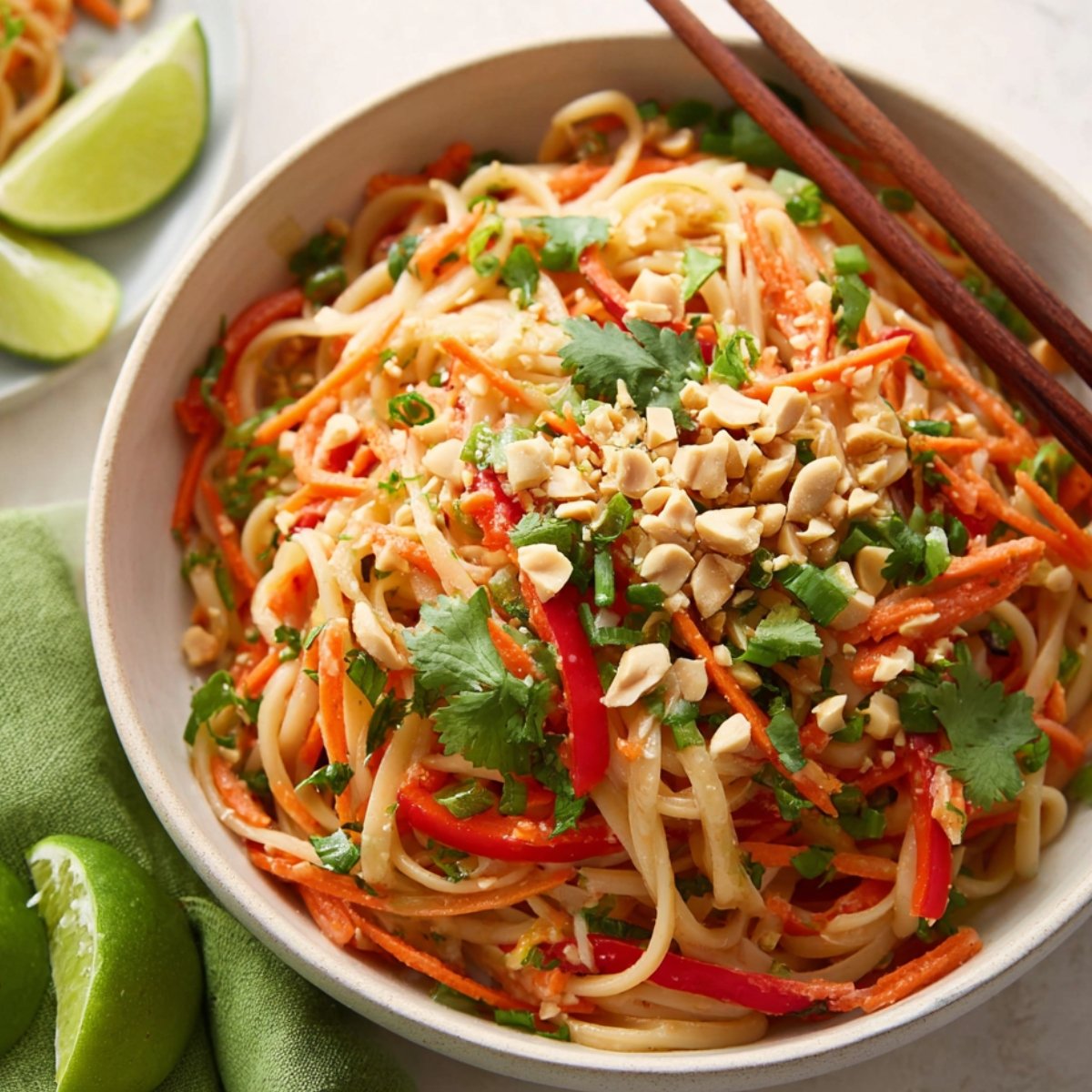 Bowl of Asian noodle salad with rice noodles, shredded carrots, red bell peppers, chopped peanuts, cilantro, and lime wedges on the side, served with chopsticks.