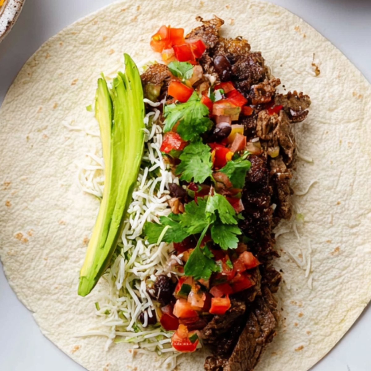 An open flour tortilla filled with cooked beef strips, black beans, shredded cheese, diced tomatoes, fresh cilantro, and avocado slices, ready to be rolled into a burrito.